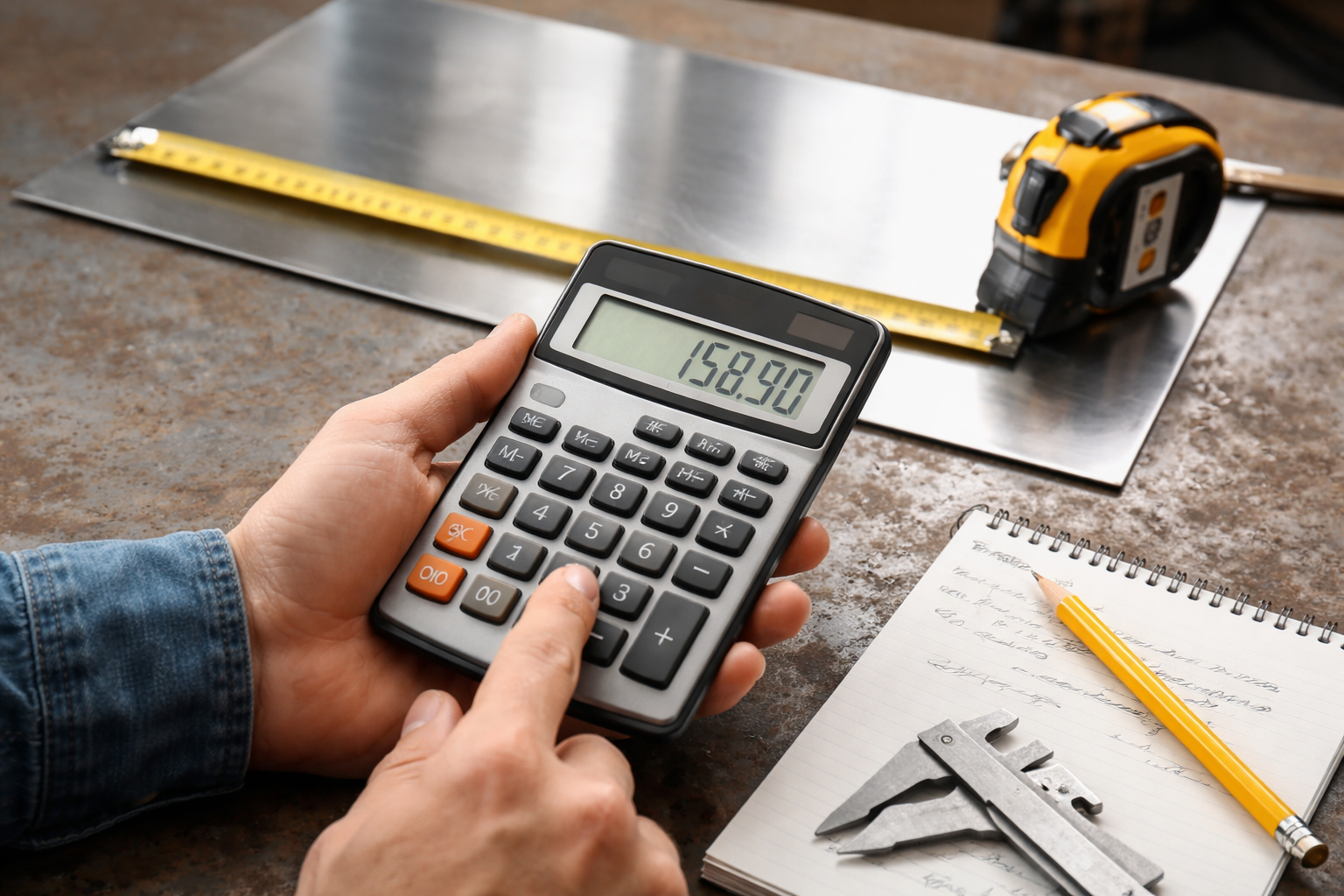 A person using a calculator with a stainless steel sheet and a measuring tape in the background.